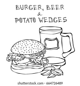 Big Hamburger or Cheeseburger, Beer Mug or Pint and Fried Potato. Burger Lettering. Isolated On a White Background. Realistic Doodle Cartoon Style Hand Drawn Sketch Vector Illustration.