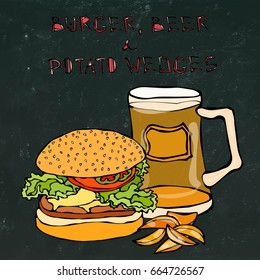 Big Hamburger or Cheeseburger, Beer Mug or Pint and Fried Potato. Burger Lettering. Isolated on a Black Chalkboard Background. Realistic Doodle Cartoon Style Hand Drawn Sketch Vector Illustration.