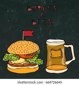 Big Hamburger or Cheeseburger and Beer Mug or Pint. Burger Lettering. Isolated on a Black Chalkboard Background. Realistic Doodle Cartoon Style Hand Drawn Sketch Vector Illustration.