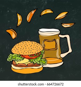 Big Hamburger or Cheeseburger, Beer Mug or Pint and Fried Potato. Burger Lettering. Isolated on a Black Chalkboard Background. Realistic Doodle Cartoon Style Hand Drawn Sketch Vector Illustration.