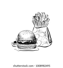 Big Hamburger or Cheeseburger, Cake and French Fries. Burger Logo. Isolated On a White Background. Realistic Doodle Cartoon Style Hand Drawn Sketch Illustration