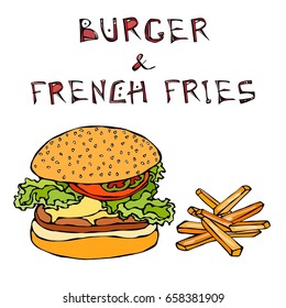 Big Hamburger or Cheeseburger with Fried Potato or French Fries. Burger Lettering. Realistic Hand Drawn Sketch Vector Illustration.Isolated On a White Background. Savoyar Doodle Style.