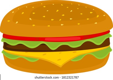 Gran hamburguesa (hamburguesa de queso) aislada de fondo blanco. Ilustración vectorial de la comida rápida. Burger estilizado