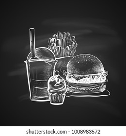 Big Hamburger or Cheeseburger, Soda Cup with Straw and Lid, Cake and French Fries. Isolated on a Chalkboard. Realistic Doodle Cartoon Style Hand Drawn Sketch Illustration