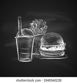 Big Hamburger or Cheeseburger, Soda Cup with Straw and Lid and French Fries. Isolated on a Chalkboard. Realistic Doodle Cartoon Style Hand Drawn Sketch Illustration