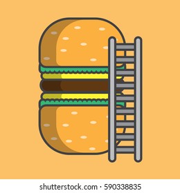 big hamburger and ladder, huge fast food, vector image, flat design, outline style
