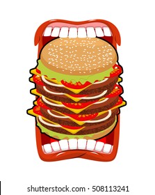 Big hamburger mouth. Strong hunger. Great burger and open mouth. Breaking lips and dislocated jaw.
