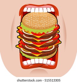 Big hamburger mouth. Strong hunger. Great burger and open mouth. Breaking lips and dislocated jaw.