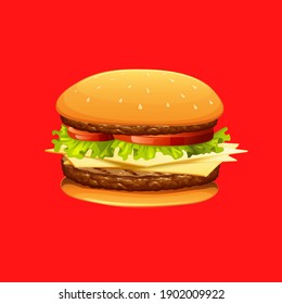 Big hamburger on red background. Burger. Delicious fast food. Vector illustration.