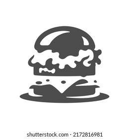 Big hamburger on serving plate fast food bistro cafe menu vintage icon vector illustration. Appetizing delicious burger gourmet meal with fresh vegetables cheese meat greenery on bun culinary cooking