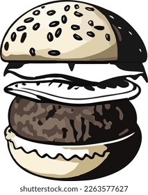 Big Hamburger on White Background, Vector Illustration. This vector art showcases a mouth-watering illustration of a big hamburger, complete with juicy patty, fresh lettuce, melted cheese, and other.