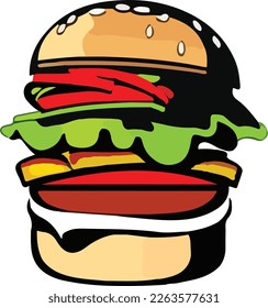 Big Hamburger on White Background, Vector Illustration. This vector art showcases a mouth-watering illustration of a big hamburger, complete with juicy patty, fresh lettuce, melted cheese, and other.