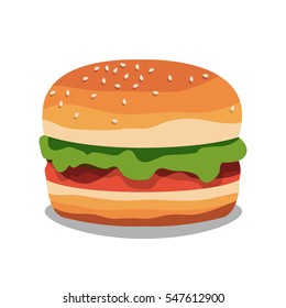 Big hamburger on white background. Burger. Delicious fast food. Vector illustration.