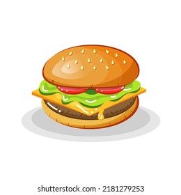 Big hamburger with tomatoes, cheese, lettuce and meat on an isolated white background. Vector illustration