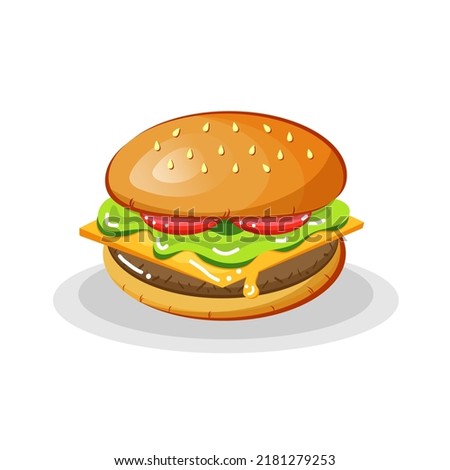Big hamburger with tomatoes, cheese, lettuce and meat on an isolated white background. Vector illustration