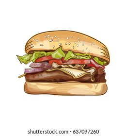 Big hamburger watercolor style hand drawn vector illustration. Cheeseburger.