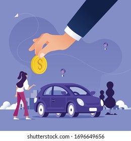 Big hand of agent hold coin to buy car from woman-Car rental or sale concept