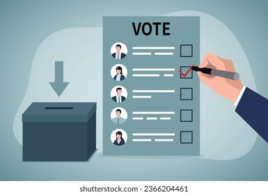 Große Hand mit Stimmzettel Stimmen bei Wahlen. Papierblatt mit Angaben zu den Bewerbern. Referendum, Menschenrechte, Demokratiekonzept. Flache Vektorgrafik