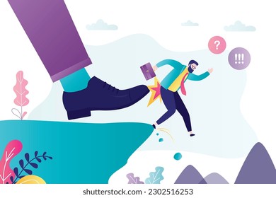 Big hand of the boss throws worker man into abyss from cliff. Staff reduction. Dismissal of male employee. Unemployment during recession and economic crisis. Fired manager. Flat vector illustration