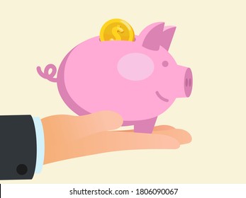 Big hand of businessman holds a piggy bank with money. Investing savings. Banking loan. Business vector illustration, flat design, cartoon style, isolated background.