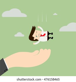 A big hand is caching falling businessman. Consulting, assistance, teamwork