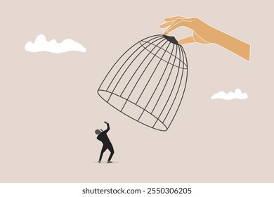 Big hand capturing businessman with birdcage. concept of Business stagnation with no growth, limitation in career development, punishment with no freedom in business