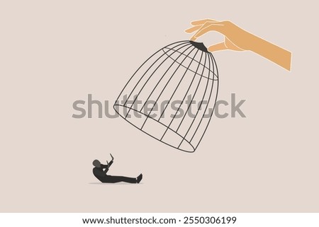 Big hand capturing businessman with birdcage. concept of Business stagnation with no growth, limitation in career development, punishment with no freedom in business