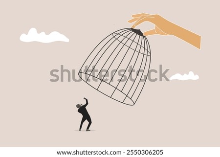 Big hand capturing businessman with birdcage. concept of Business stagnation with no growth, limitation in career development, punishment with no freedom in business