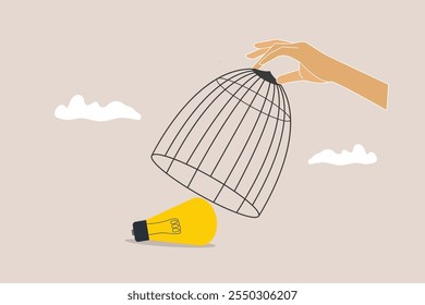 Big hand capturing lightbulb with birdcage. concept of Business stagnation with no growth, limitation in career development, punishment with no freedom in business