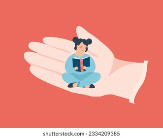 Big hand cares and supports an elementary student with love. Little girl sits on a human palm and reads a book. Concept of gifted children and education. vector illustration