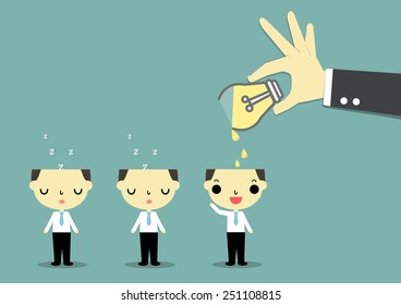 big hand carry lightbulb glass and pouring liquid on one businessman's head.