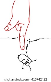 große Hand mit Cartoon-Charakter - fallend