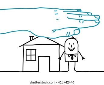 big hand and cartoon characters - house insurance