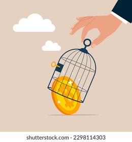 Big hand catching bitcoin. Modern vector illustration in flat style