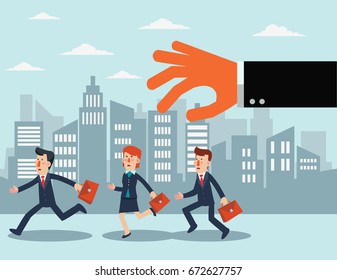 Big hand catching business people in the city street. Professional relations