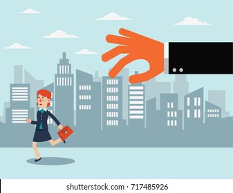 Big hand catching business woman in the city street. Professional relations