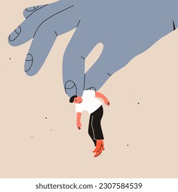 Big hand catching a falling man. Giant hand holding tiny little person. Helping hand, support, assistance, saving life, insurance concept. Hand drawn Vector illustration. Design, print template