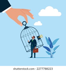 Big hand catching small businessman with birdcage. Flat vector illustration