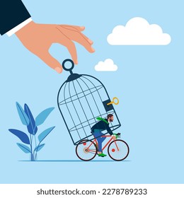 Big hand catching small businessman with Bicycle  with birdcage. Modern vector illustration in flat style