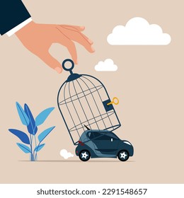 Gran mano atrapando a un pequeño empresario en un auto con jaula de pájaros. Ilustración vectorial moderna en estilo plano