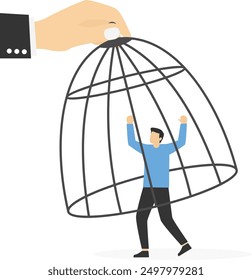 Big hand catching small businessman with birdcage. Flat vector illustration


