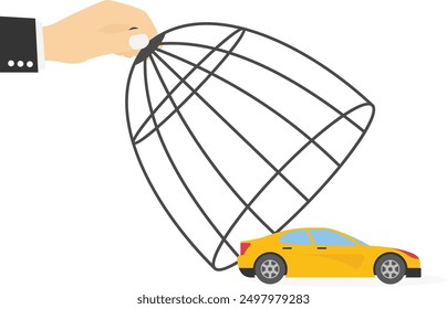 Big hand catching small businessman in car with birdcage. Modern vector illustration in flat style

