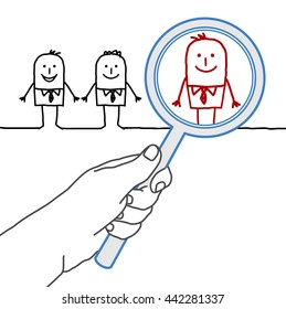 Big hand with  characters - supervising and magnifying