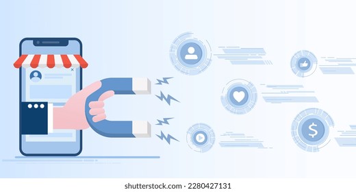 A big hand come out of mobile device holding a magnet. A customer satisfaction sign moving fast. Designing marketing strategies to attract and retain customers. Mobile technology marketing. 