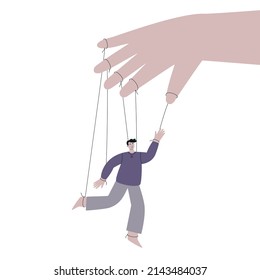 Big hand controls the male puppet. Human mistreatment, manipulation. Abused men