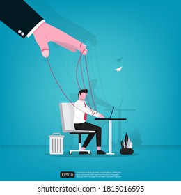 La mano grande controla al empresario títere en su ilustración vectorial de actividad laboral. 