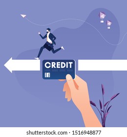 Big hand with credit card helping entrepreneur to achieve goal-Financial support concept.