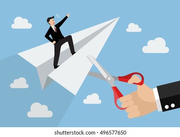 Big hand cutting rival paper rocket. Business concept