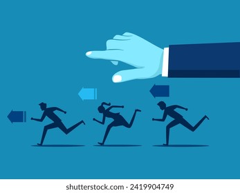 big hand directs the business team in the same direction. Business concept of leader 