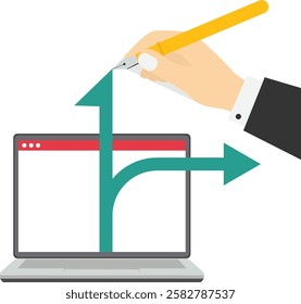 Big hand draw new arrow of up on screen laptop. Decision to change to better opportunity. Modern flat vector illustration

